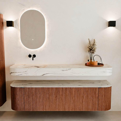 MONDIAZ THOR-DLUX Meuble de salle de bains 170cm arrondi gauche + droite couleur Ruby avec 1 tiroir et 2 portes. Vasque suspendue CLOUD Gauche sans trou de robinet couleur Nata.