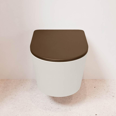 Mondiaz LAVIE hangtoilet – spoelrandloos – 36 x 53 cm – met softclose zitting – Linen (offwhite), zitting Rust (bruin)