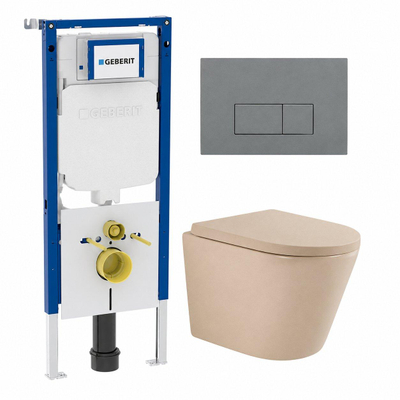 QeramiQ Dely Toiletset - 36.3x51.7cm - Geberit UP720 inbouwreservoir - rimless - diepspoel - 35mm zitting - softclose - bedieningsplaat licht grijs - rechthoekige knoppen - mat beige