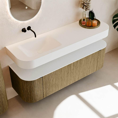 MONDIAZ THOR 150cm meuble de salle de bains arrondi gauche + droite couleur Dusk avec 1 tiroir et 2 portes. Vasque suspendue CLOUD Gauche sans trou de robinet couleur Talc.