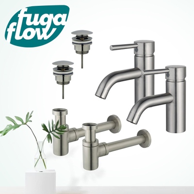 FugaFlow Eccelente Sobrado Badkamer Wastafelkraanset - voor dubbele wastafel - lage wastafelkraan - klikwaste plug - verlaagde design sifon - PVD Geborsteld RVS