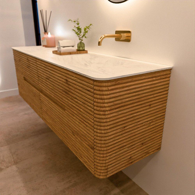 Mondiaz CIRO-DLUX Meuble de salle de bains - 160x45x50cm - Plan vasque solid surface Opalo - 1 vasque à droite - sans trous de robinet - 4 tiroirs - Chêne