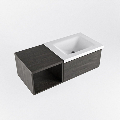 Mondiaz BUKLA Meuble de salle de bains 100 cm avec module ouvert 40 couleur Dark Brown avec 1 tiroir. Lavabo CLOUD à droite 1 trou de robinet couleur Talc.