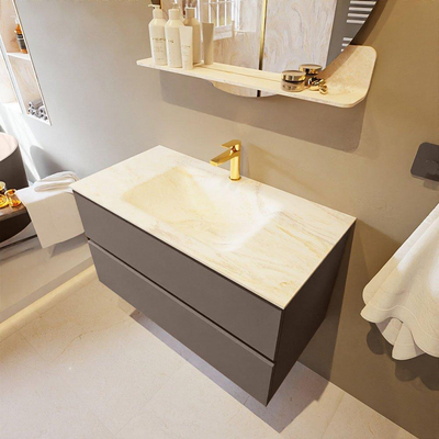 Mondiaz VICA-DLUX Ensemble de meuble de salle de bain - 90cm - meuble sous-vasque fumée - 2 tiroirs - lavabo encastré nuage milieu - 1 trou de robinet - version haute 60cm - ostra