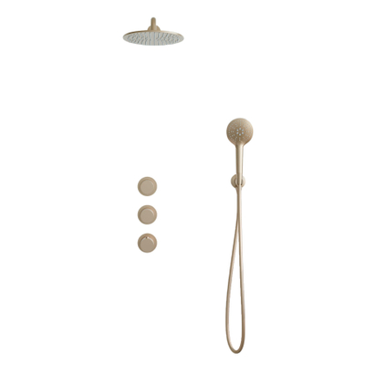 Fortifura Nebbio Regendoucheset - inbouwkraan - inbouwdeel - wandaansluitbocht - doucheslang glad - ronde handdouche - 35cm wandarm - 30cm ronde hoofddouche - PVD - geborsteld messing (goud)