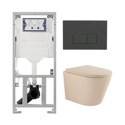 QeramiQ Dely Swirl Pack WC suspendu - 36.3x51.7cm - bâti-support Geberit UP320 - abattant 35 mm - plaque de commande anthracite mat - boutons rectangulaires - beige