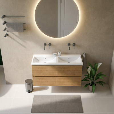 Saniclass Holz Pure Ensemble meuble de salle de bains - 120x45x63.5cm - Lavabo Bari en céramique blanc - 2 vasques - sans trous de robinetterie - 4 tiroirs - chêne natural mat (bois)