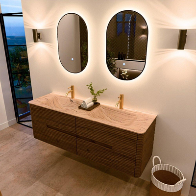 Mondiaz CIRO-DLUX Badkamermeubelset - 150x45x50cm - Solid surface wastafel Arena - 2 wasbak Dubbel - 2 kraangaten - 4 lades - Dusk
