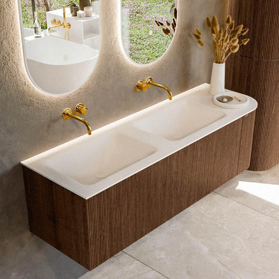 MONDIAZ KURVE Meuble de salle de bains 145 cm avec module 25 R couleur Walnut avec 1 tiroir et 1 porte. Lavabo CLOUD double / à gauche sans trou de robinet Talc.
