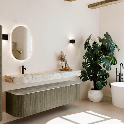 MONDIAZ THOR-DLUX Meuble de salle de bains - 180cm - arrondi gauche + droite - couleur Shadow - 2 tiroirs - 2 portes - Vasque suspendue CLOUD Gauche 1 trou de robinet - couleur Glace