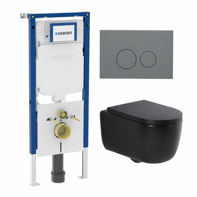 QeramiQ Dely Swirl Pack WC - 36,3x51,7cm - réservoir encastré Geberit UP720 Duofix Sigma - assise 35mm - plaque de déclenchement gris clair - boutons ronds - noir mat
