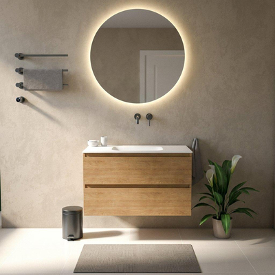 Saniclass Holz Pure Ensemble meuble de salle de bains - 100x45x61.5cm - lavabo Flow en solid surface blanc - 1 vasque - sans trou de robinet - 2 tiroirs - chêne natural mat (bois)