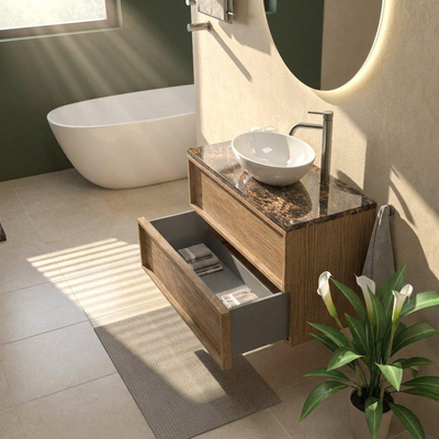 Saniclass Holz Frame Ensemble de meubles de salle de bains - 100x45x63cm - Plan de travail en pierre naturelle Noche dark emperador - 1 trou de robinetterie - 2 tiroirs - chêne natural mat (bois)