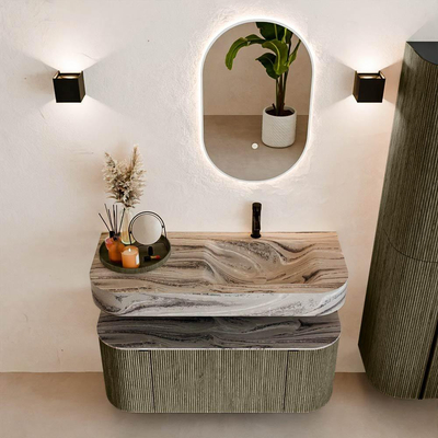 MONDIAZ THOR-DLUX 110cm badmeubel ronding links + rechts kleur Shadow met 1 lade en 2 deuren. Vrijhangende wastafel CLOUD Rechts 1 kraangat kleur Sombra.