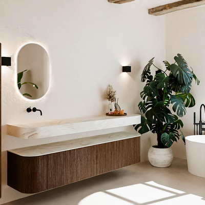 MONDIAZ THOR-DLUX Meuble de salle de bains - 200cm - arrondi gauche + droite - couleur Walnut - 2 tiroirs et 2 portes - Vasque suspendue CLOUD Gauche sans trou de robinet - couleur Ostra