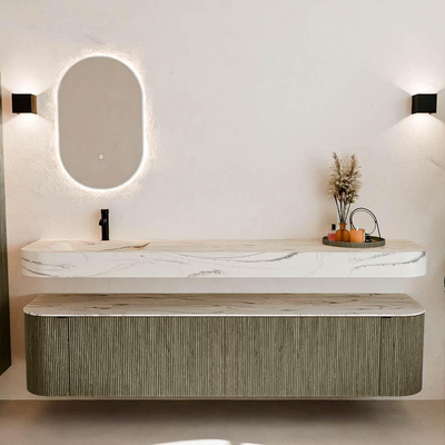 MONDIAZ THOR-DLUX 200cm meuble de salle de bains arrondi gauche + droite couleur Shadow avec 2 tiroirs et 2 portes. Vasque suspendue CLOUD Gauche 1 trou de robinet couleur Nata.