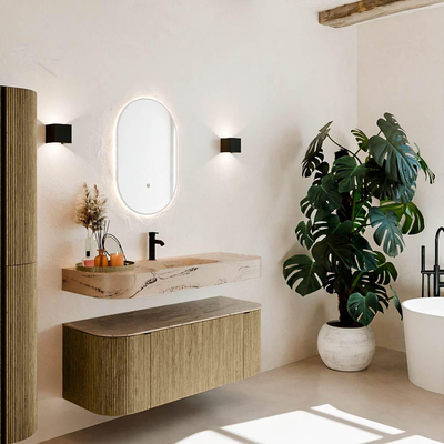 MONDIAZ THOR-DLUX 120cm meuble de salle de bains arrondi gauche + droite couleur Dusk avec 1 tiroir et 2 portes. Vasque suspendue CLOUD Milieu 1 trou de robinet couleur Arena.