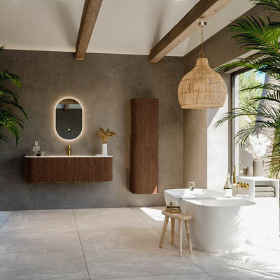 MONDIAZ KURVE-DLUX Meuble de salle de bains 140 cm avec module 25 Len R couleur Walnut avec 1 tiroir et 2 portes. Lavabo BIG SMALL central 1 trou de robinet couleur Ostra.