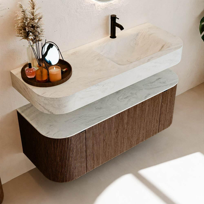 MONDIAZ THOR-DLUX 120cm meuble de salle de bains arrondi gauche + droite couleur Walnut avec 1 tiroir et 2 portes. Vasque suspendue CLOUD Droite 1 trou de robinet couleur Opalo.