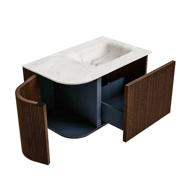 MONDIAZ KURVE-DLUX meuble de salle de bains 75cm avec module 25 L couleur Walnut avec 1 tiroir et 1 porte. Lavabo GRUNNE à droite sans trou de robinet couleur Frappe.