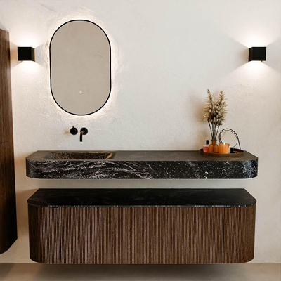 MONDIAZ THOR-DLUX 160cm meuble de salle de bains arrondi gauche + droite couleur Walnut avec 1 tiroir et 2 portes. Vasque suspendue CLOUD gauche sans trou de robinet couleur Lava.