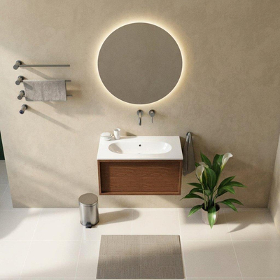 Saniclass Holz Frame Ensemble meuble de salle de bains - 80x45x53.9cm - Vasque en céramique Chaci blanche - 1 vasque - sans trou de robinet - 1 tiroir - walnut pure mat (bois)