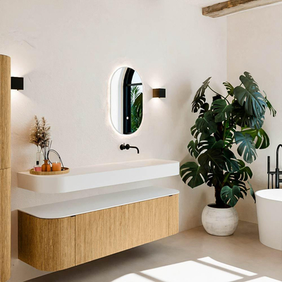 MONDIAZ THOR 160cm meuble de salle de bains arrondi gauche + droite couleur Oak avec 1 tiroir et 2 portes. Vasque suspendue CLOUD droite sans trou de robinet couleur Talc.