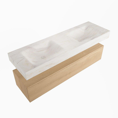 Mondiaz ALAN-DLUX Ensemble de meuble - 150cm - meuble Washed Oak mat - 1 tiroir - Lavabo Cloud Ostra suspendu - vasque Gauche et droite - 0 trous de robinet