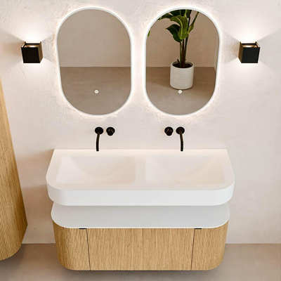 MONDIAZ THOR 120cm badmeubel ronding links + rechts kleur Oak met 1 lade en 2 deuren. Vrijhangende wastafel CLOUD Dubbel zonder kraangat kleur Talc.