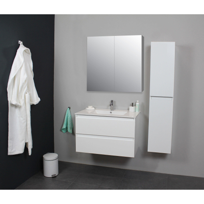 Basic Bella Meuble avec lavabo en porcelaine 1 trou de robinet 80x55x46cm avec armoire toilette à 2 portes gris Blanc brillant