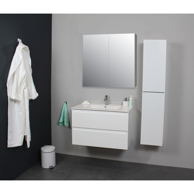 Basic Line Bella Badkamermeubelset - 80x55x46cm - 1 wasbak - Keramiek - Wit - 1 kraangat - Spiegelkast zonder verlichting - Melamine Wit hoogglans