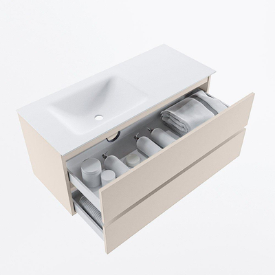 Mondiaz VICA ensemble de meuble de salle de bain - 110cm - meuble sous-vasque lin - 2 tiroirs - lavabo cloud gauche - sans trous de robinet - version haute de 60cm - talc