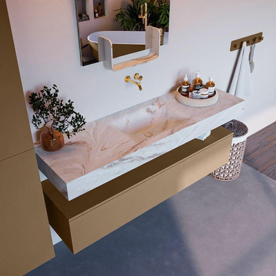 Mondiaz ALAN-DLUX Ensemble de meuble - 150cm - meuble Oro mat - 1 tiroir - Lavabo Cloud Frappe suspendu - vasque Centre - 0 trous de robinet