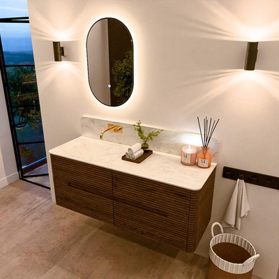 Mondiaz CIRO-DLUX Badkamermeubelset - 130x45x50cm - Solid surface wastafel Opalo - 1 wasbak Links - zonder kraangaten - 4 lades - Dusk