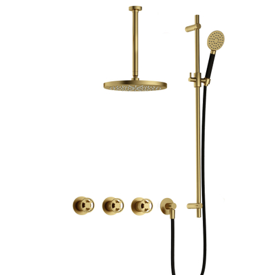 Hotbath Cobber @Work Regendoucheset - inbouw - 30cm plafondarm - 30cm ronde hoofddouche - 3 standen handdouche - glijstang - Geborsteld messing PVD