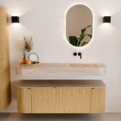MONDIAZ THOR-DLUX 140cm badmeubel ronding links + rechts kleur Oak met 1 lade en 2 deuren. Vrijhangende wastafel CLOUD Rechts zonder kraangat kleur Saba.