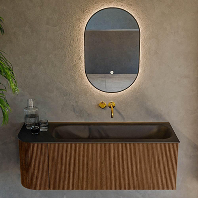 MONDIAZ KURVE 125cm Meuble salle de bain avec module 25 G - couleur Walnut - 1 tiroir - 1 porte - vasque BIG MEDIUM droite - sans trous de robinet - Urban