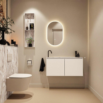 MONDIAZ TURE-DLUX Meuble toilette - 100cm - Talc - EDEN - vasque Glace - position gauche - 1 trou de robinet