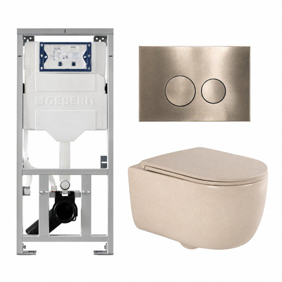 QeramiQ Dely Swirl Toiletset - 36.3x51.7cm - Geberit UP320 inbouwreservoir - met Burda frame -slim zitting - geborsteld messing bedieningsplaat - ronde knoppen - mat beige