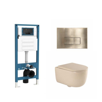 QeramiQ Dely Swirl Ensemble de toilette - réservoir encastré Qeramiq Flush - abattant 35mm - plaque de commande en métal laiton brossé - boutons rectangulaires - beige