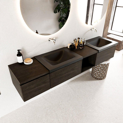 Mondiaz BUKLA badkamermeubelset 200x45x34cm 0 kraangaten 2 wasbakken solid surface Urban greeploos 3 lades met softclose Melamine Dark brown