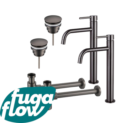 FugaFlow Eccelente Sobrado Badkamer Slim Wastafelkraanset - voor dubbele wastafel - verhoogde wastafelkraan - klikwaste plug - design sifon - PVD Gepolijst Gunmetal