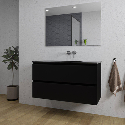 Saniclass Chaci Ensemble meuble de salle de bains - 100x46x55cm - lavabo céramique noir - 1 vasque - sans trous de robinet - 2 tiroirs - miroir rectangulaire - noir mat