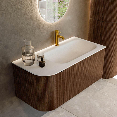 MONDIAZ KURVE 95cm badmeubel met module 25 L kleur Walnut met 1 lade en 1 deur. Wastafel BIG SMALL rechts 1 kraangat Talc.