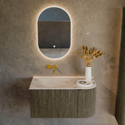 MONDIAZ KURVE-DLUX 85cm badmeubel ronding Rechts kleur Shadow met 1 lade en 1 deur. Wastafel CLOUD Links zonder kraangat Nata.