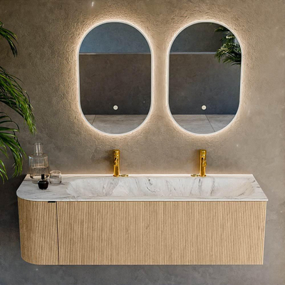 MONDIAZ KURVE-DLUX meuble de salle de bains 145cm avec module 25 L couleur chêne avec 1 tiroir et 1 porte. Lavabo BIG LARGE à droite 2 trous de robinet couleur Glace.