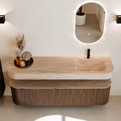 MONDIAZ THOR-DLUX 170cm badmeubel ronding links + rechts kleur Walnut met 1 lade en 2 deuren. Vrijhangende wastafel CLOUD Rechts 1 kraangat kleur Saba.