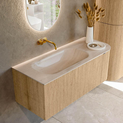 MONDIAZ KURVE-DLUX Meuble de salle de bains 115 cm arrondi à droite couleur Oak avec 1 tiroir et 1 porte. Lavabo BIG SMALL à gauche sans trou de robinet Meli.
