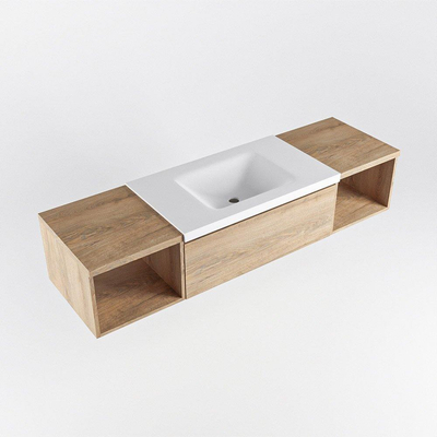 MONDIAZ BUKLA Meuble de salle de bains 160 cm avec module ouvert 40 L+R couleur Washed Oak avec 2 tiroirs. Lavabo CLOUD central 1 trou de robinet couleur Talc.