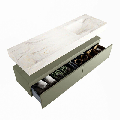 Mondiaz ALAN-DLUX Ensemble de meuble - 150cm - meuble Army mat - 2 tiroirs - Lavabo Cloud Ostra suspendu - vasque Droite - 1 trou de robinet